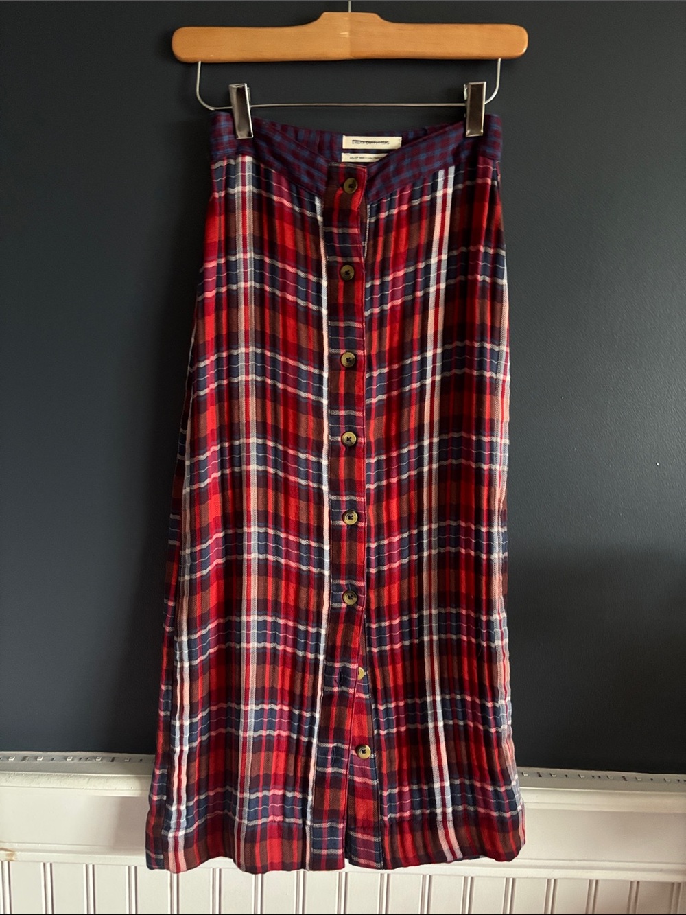 Urban Outfitters Red & Navy Plaid Button-Front Maxi Skirt